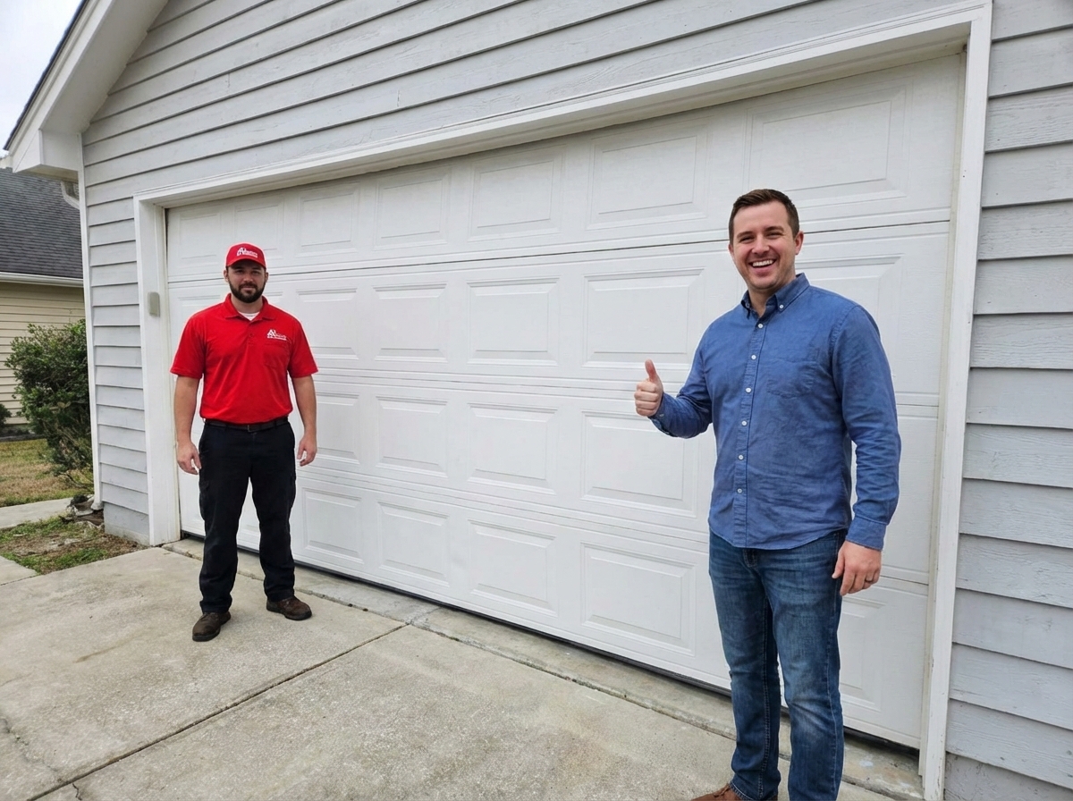 Happy homeowner giving a thumbs up alongside an A1 Garage Door Repair technician in front of a newly serviced garage door..jpg in Charleston, SC